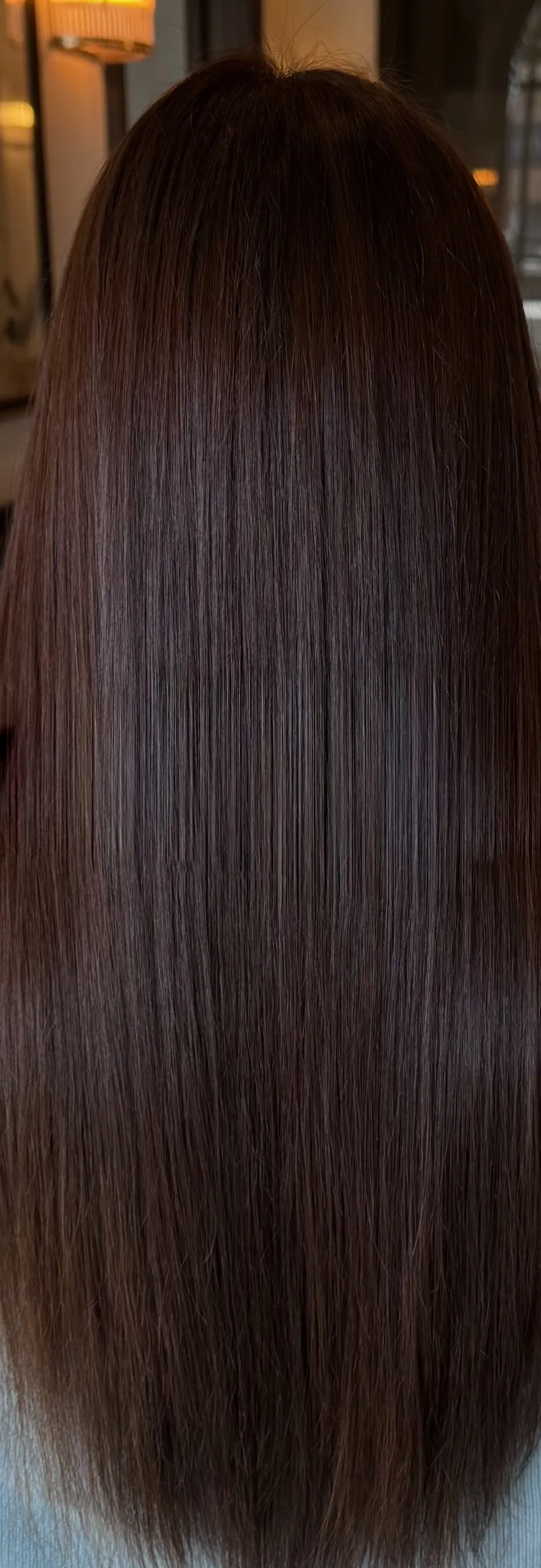 Thick, glossy, dark chocolate-brown hair falling straight down the back