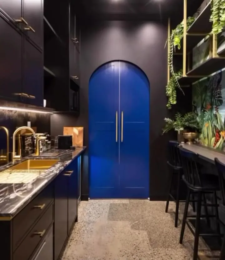 The suites' kitchenette: black cabinetry, brass taps, hanging plants and an arched cobalt-blue door