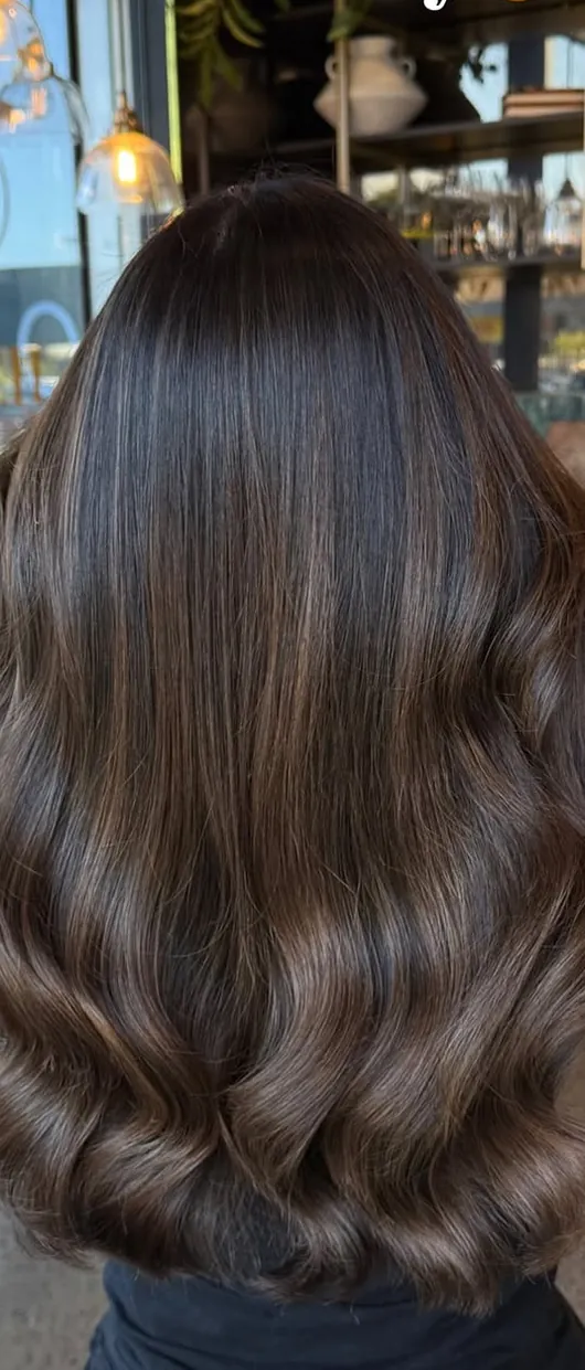 Glossy chocolate-brown waves with soft caramel ribbons, seen from behind
